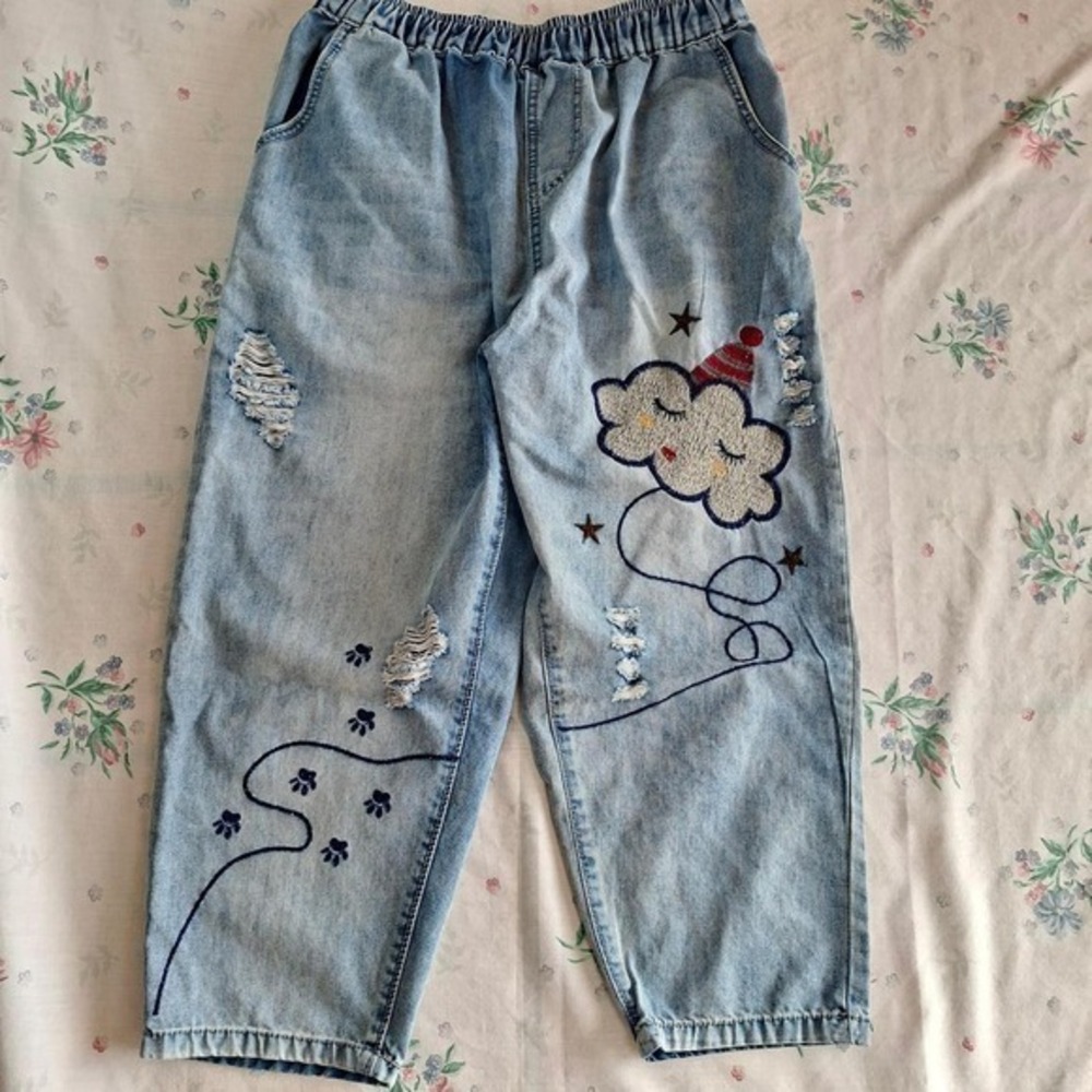 Radish, Kawaii, Harajuku, Distressed Embroidered Cloud Jeans